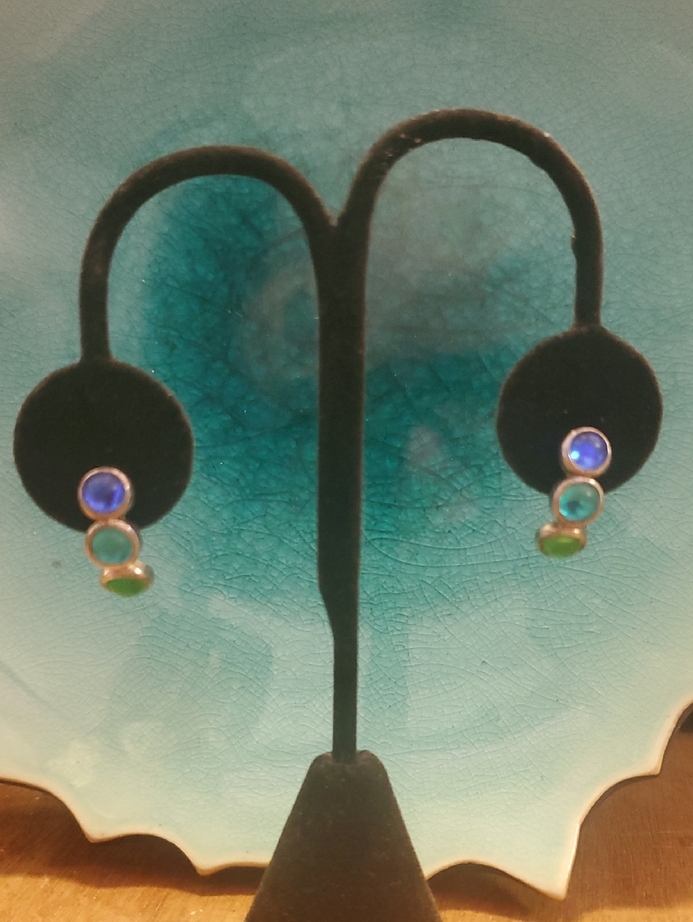 Blue Green Triple-Stud Drop Earrings - 925 D